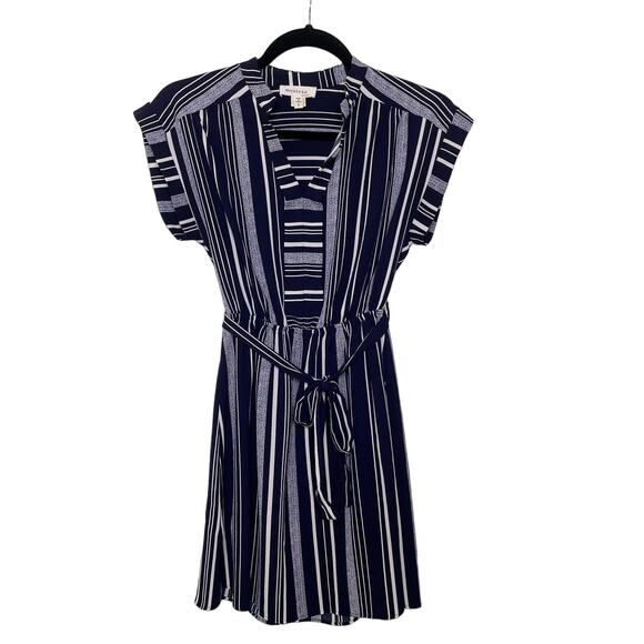 Monteau Belt A-Line Dress Striped Short Coastal Nautical Country Club Blue S - Picture 1 of 12